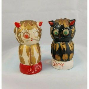 Vintage Wooden Cats Salt & Pepper Shakers Salty & Peppy Napco Japan